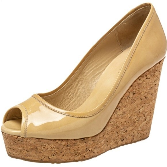 Jimmy Choo Beige Patent Leather Papina Wedge Pumps Size 37 - Picture 2 of 10